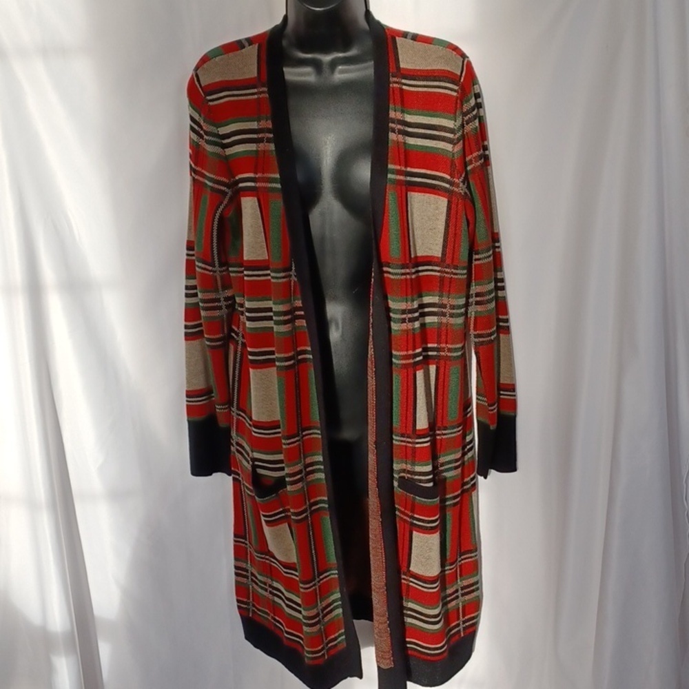 JOSEPH A / Black Green Red Cream Plaid Long sweater Sz M, 20" PTP, 36"L